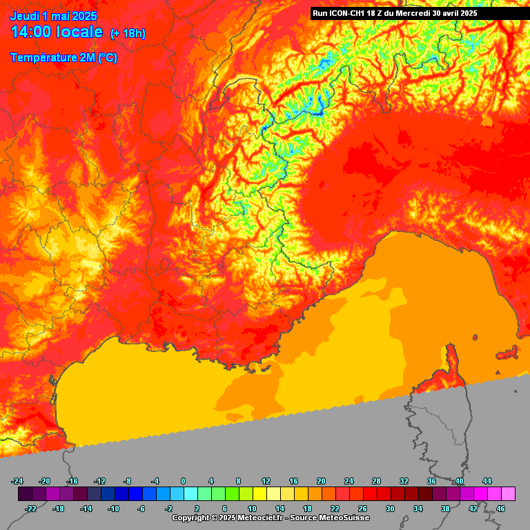 Prévision de la temperature ICON-CH1 pour le 1er Mai à 14H