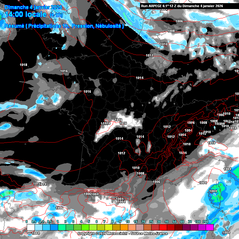 ARPÈGE : animation de la nébulosité, avec la pression atmosphérique et les précipitations