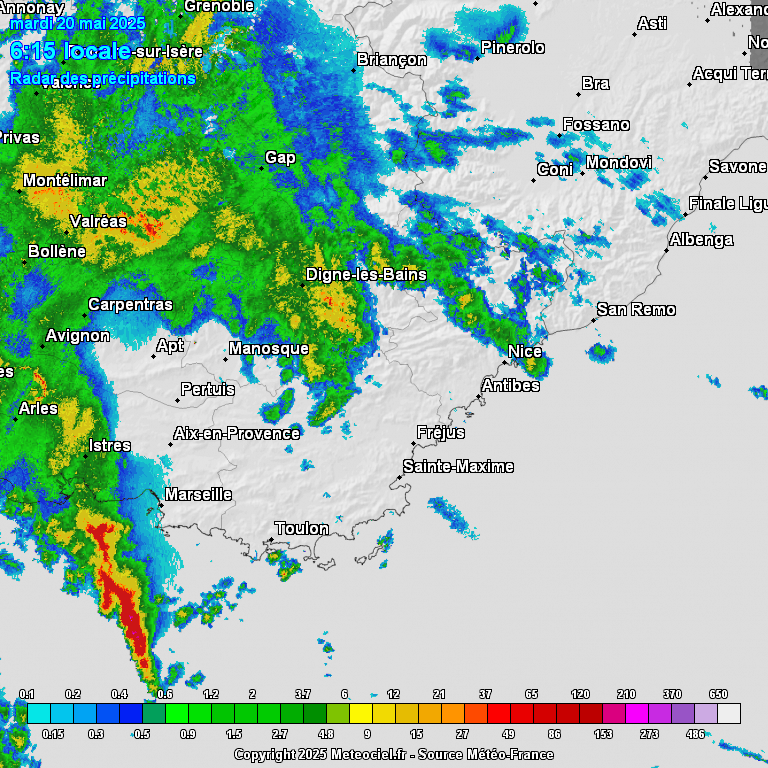 Image radar zoomé sur le Var montrant les orages du mardi 20 mai 2025