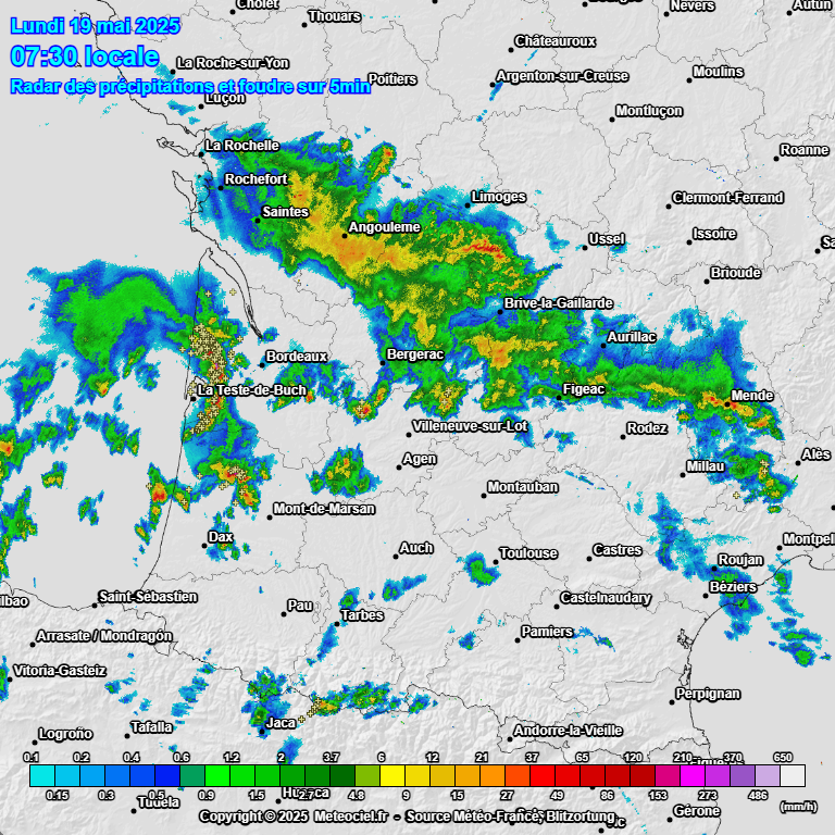 radar des pluies lundi 19 Mai 2025 à 7h30